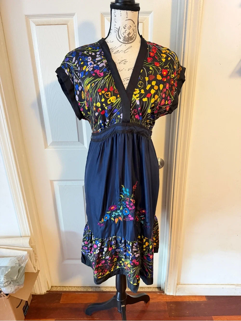 Anthropologie Navy Embroidered Midi Dress with Multicolor Floral Detail